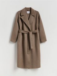 Wiązany płaszcz z wełną - brązowy. Brązowe płaszcze Reserved, l, bez wzorów, z tkaniny, bez kaptura. Za 399.99 zł.