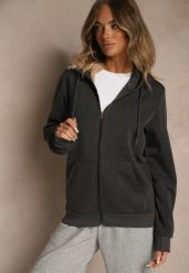 Ciemnoszara Bluza Rozpinana z Kapturem z Bawełną Ozdobiona Sznurkami Odiola. Szare bluzy Renee, l, z aplikacjami, z bawełny, z kapturem. Za 59.99 zł.