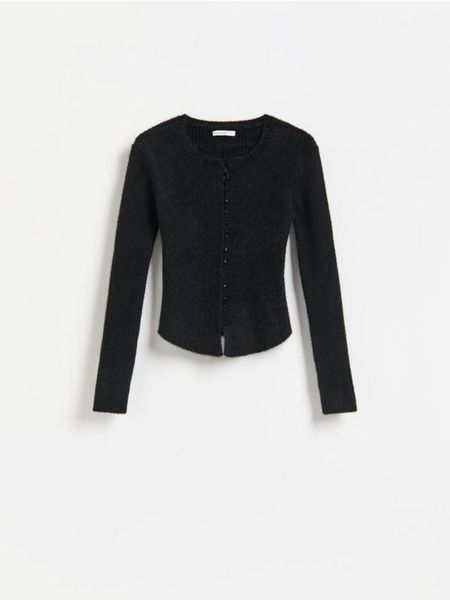 Prążkowany kardigan - czarny. Czarne kardigany Reserved, l, bez wzorów, z dzianiny. Za 129.99 zł.
