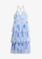 Sukienka midi z delikatnego tiulu z falbanami. Niebieskie sukienki bonprix, bez wzorów, z tiulu, bez kołnierzyka, bez ramiączek, midi. Za 379.99 zł.