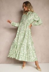 Zielona Rozkloszowana Sukienka z Wiskozą w Geometryczny Print Apirestia. Zielone sukienki Renee, na co dzień, l, bez wzorów, z wiskozy, eleganckie, bez kołnierzyka, bez ramiączek, maxi, proste. Za 109.99 zł.