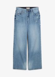 Dżinsy wide leg, mid waist, low stretch. Niebieskie jeansy bonprix, bez wzorów. Za 134.99 zł.