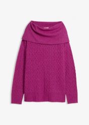 Sweter we wzór w warkocze. Fioletowe swetry bonprix, xxl, bez wzorów, bez ramiączek. Za 119.99 zł.