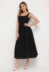 Czarna Wiskozowa Sukienka o Rozkloszowanym Kroju Milareina. Czarne sukienki Born2be, na co dzień, m, z aplikacjami, z wiskozy, eleganckie, bez kołnierzyka, bez ramiączek, maxi, rozkloszowane. Za 74.99 zł.