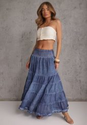 Niebieska Kaskadowa Bawełniana Spódnica High Waist Stylizowana na Denimową Ealnas. Niebieskie spódnice Renee, na co dzień, m, bez wzorów, z bawełny, casualowe, maxi, dopasowane. Za 89.99 zł.