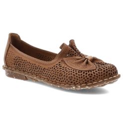 Brązowe Baleriny Ravini Ażurowe Wygodne Obuwie Damskie. Brązowe baleriny Ravini, w ażurowe wzory, z jeansu, bez obcasa. Za 229.99 zł.
