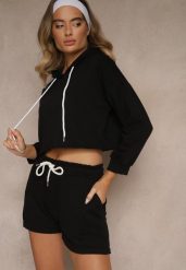 Czarny Komplet Dresowy z Bawełną Szorty i Krótka Bluza z Kapturem Ralarose. Czarne bluzy Renee, na lato, m, bez wzorów, z bawełny, z kapturem. Za 59.99 zł.