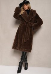 Brązowy Futrzany Płaszcz z Wiązanym Paskiem Ozdobnym Kołnierzem i Mankietami Viaressa. Brązowe płaszcze Renee, l, bez wzorów, z futra, bez kaptura. Za 269.99 zł.