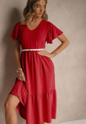 Czerwona Rozkloszowana Sukienka z Wiskozą w Casualowym Stylu Filarenna. Czerwone sukienki Renee, na co dzień, l, bez wzorów, z wiskozy, eleganckie, bez kołnierzyka, bez ramiączek, midi, rozkloszowane. Za 54.99 zł.