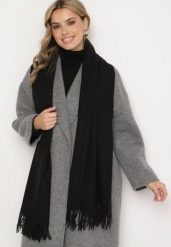 Czarny Szalik z Bawełną i Wiskozą Ozdobiony Frędzlami Siadortia. Czarne szaliki Born2be, bez wzorów, z bawełny, biznesowe. Za 44.99 zł.