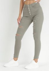 Ciemnobeżowe Jeansy Skinny na Guziki Arru. Zielone jeansy Born2be, l, bez wzorów, z podwyższonym stanem. Za 64.99 zł.