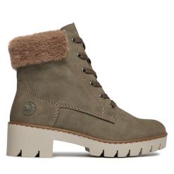 Botki Rieker. Brązowe botki Rieker, bez wzorów, bez obcasa, na słupku, bez zapięcia. Za 369.99 zł.