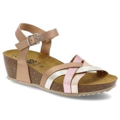 Sandały damskie HEE, skórzane na korkowym koturnie skórzane ze sprzączką, kolorowe, 25001. Białe sandały Hee, z aplikacjami, z materiału, wakacyjne, bez obcasa, na koturnie, bez zapięcia. Za 189.00 zł.