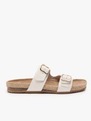 Kremowe klapki z dwoma paskami. Brązowe klapki Ryłko, bez wzorów, ze skóry, z okrągłym noskiem, bez obcasa, na płaskiej podeszwie. Za 379.99 zł.