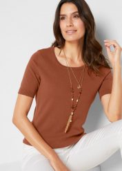 Sweter, krótki rękaw. Brązowe swetry bonprix, bez wzorów, bez ramiączek. Za 89.99 zł.