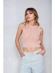 Monki Top w kolorze jasnoróżowym rozmiar: S. Różowe topy Monki, s, bez wzorów, bez kołnierzyka, bez ramiączek. Za 39.99 zł.