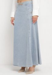Jasnoniebieska Bawełniana Spódnica Jeansowa Maxi Rozkloszowana z Łańcuszkiem Zallire. Niebieskie spódnice Born2be, m, bez wzorów, z bawełny, boho, maxi, rozkloszowane. Za 199.99 zł.