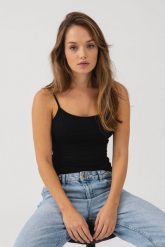 TOP SIA CZARNY M - Flawless. Czarne topy Flawless, m, bez wzorów, z jeansu, bez kołnierzyka, bez ramiączek. Za 137.00 zł.