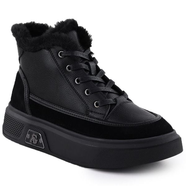 Skórzane botki na platformie z futerkiem czarne Cambell 25-19352. Czarne botki Cambell, bez wzorów, ze skóry, bez obcasa, na platformie, bez zapięcia. Za 259.99 zł.