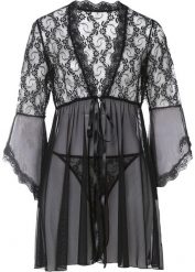 Szlafrok kimono + stringi (kompl. 2-częściowy). Czarne szlafroki bonprix, bez wzorów, bez ramiączek, bez kaptura. Za 127.99 zł.