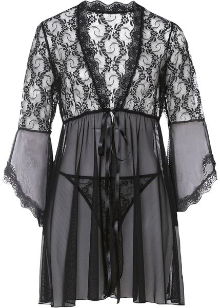 Szlafrok kimono + stringi (kompl. 2-częściowy). Czarne szlafroki bonprix, bez wzorów, bez ramiączek, bez kaptura. Za 124.99 zł.