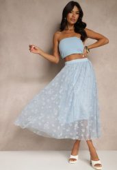 Jasnoniebieska Rozkloszowana Spódnica Tiulowa Zdobiona Welurowym Printem w Kwiaty Folisena. Niebieskie spódnice Renee, na co dzień, l, z aplikacjami, z materiału, eleganckie, midi, oversize. Za 54.99 zł.