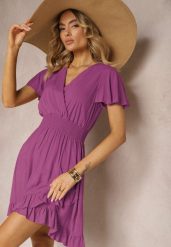 Fioletowa Sukienka z Bawełny z Gumką w Pasie z Dekoltem w Serek i Falbankami Quola. Fioletowe sukienki Renee, na imprezę, l, bez wzorów, z bawełny, eleganckie, bez kołnierzyka, bez ramiączek, mini. Za 44.99 zł.