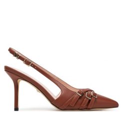 Sandały Guess. Brązowe sandały Guess, z aplikacjami, bez obcasa, na szpilce, bez zapięcia. Za 839.99 zł.