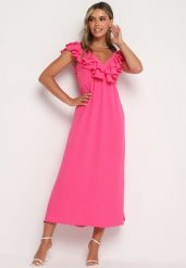 Różowa Koktajlowa Sukienka na Ramiączkach z Falbanką i Gumką z Tyłu oraz Rozcięciami Vimareina. Czerwone sukienki Born2be, na co dzień, m, bez wzorów, z jeansu, bez kołnierzyka, bez ramiączek, maxi. Za 169.99 zł.