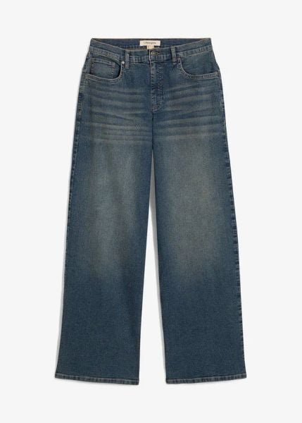 Jeansy wide leg, high waist. Czarne jeansy bonprix, bez wzorów, z podwyższonym stanem. Za 129.99 zł.