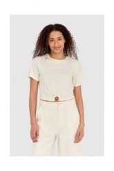 GUESS Kremowy t-shirt damski cropped fit piercing, Rozmiar M. Brązowe t-shirty Guess, m, z aplikacjami, bez kołnierzyka, bez ramiączek. W wyprzedaży za 129.99 zł.