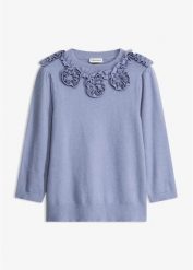 Sweter z rękawami balonowymi. Niebieskie swetry bonprix, z aplikacjami, bez ramiączek. Za 129.99 zł.