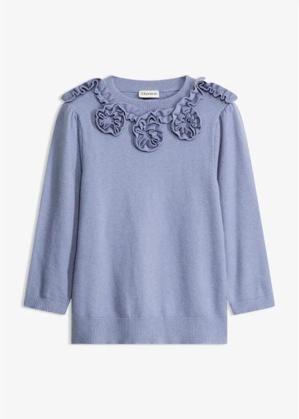 Sweter z rękawami balonowymi. Niebieskie swetry bonprix, z aplikacjami, bez ramiączek. Za 129.99 zł.