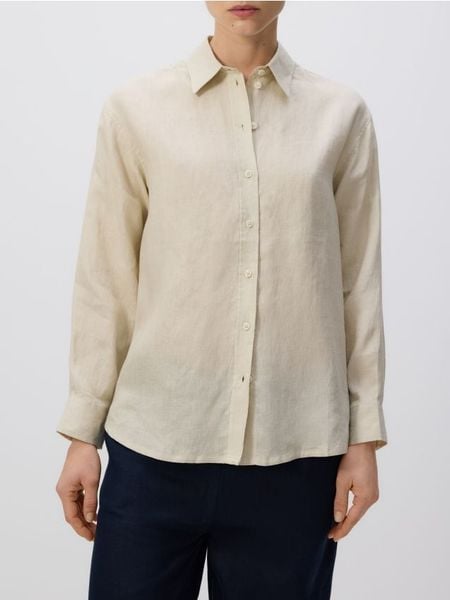 Lniana koszula - kremowy. Białe koszule Reserved, l, bez wzorów, z tkaniny, bez kołnierzyka, bez ramiączek. Za 179.99 zł.