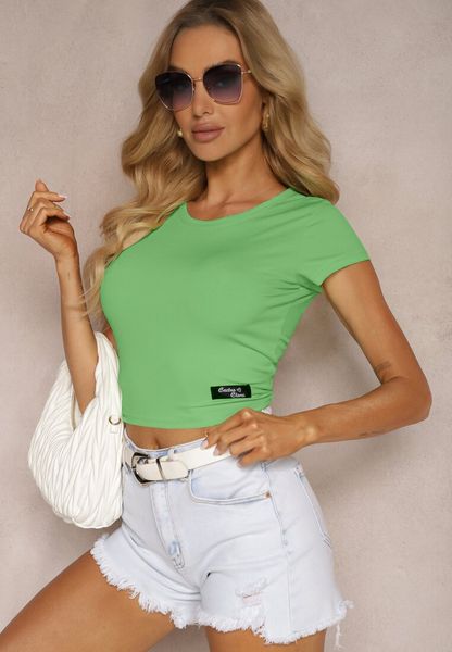 Zielony Prążkowany T-shirt Koszulka z Krótkim Rękawem Opolia. Zielone bluzki Renee, m, bez wzorów, z jeansu, bez kołnierzyka, bez ramiączek. Za 39.99 zł.