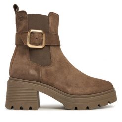 Sztyblety Tamaris. Brązowe botki Tamaris, bez wzorów, bez obcasa, na słupku, bez zapięcia. Za 509.99 zł.