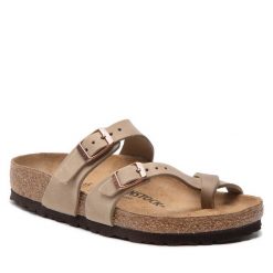 Japonki Birkenstock. Brązowe klapki Birkenstock, bez wzorów, bez obcasa. Za 539.99 zł.