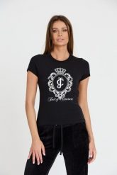 JUICY COUTURE Czarny damski t-shirt Heritage Crest Fitted, Rozmiar M. Czarne t-shirty Juicy Couture, m, bez wzorów, bez kołnierzyka, bez ramiączek. W wyprzedaży za 149.99 zł.