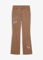 Jeansy bootcut z haftem, z elastycznej mieszanki bawełny. Brązowe jeansy bonprix, bez wzorów. Za 199.99 zł.