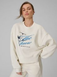 4F Bluza dresowa loose bez kaptura damska - beżowa XS. Brązowe bluzy 4f, xs, bez wzorów, z dresówki, bez kaptura. Za 149.99 zł.