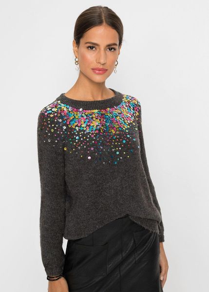 Sweter z kolorowymi cekinami. Brązowe swetry bonprix, bez wzorów, bez ramiączek. Za 149.99 zł.