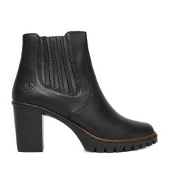 Botki Rieker. Czarne botki Rieker, bez wzorów, bez obcasa, na słupku, bez zapięcia. Za 419.99 zł.