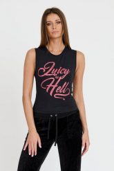 JUICY COUTURE Czarny damski top Juicy As Hell Tank, Rozmiar XS. Czarne topy Juicy Couture, s, bez wzorów, bez kołnierzyka, bez ramiączek. W wyprzedaży za 119.99 zł.