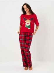 Świąteczna piżama dwuczęściowa z nadrukiem renifera - czerwony. Czerwone piżamy Sinsay, bez wzorów, bez ramiączek. Za 59.99 zł.