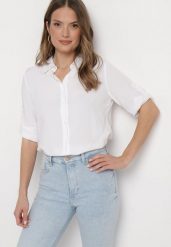 Biała Klasyczna Koszula z Bawełny i Wiskozy Yelvira. Białe koszule Born2be, l, bez wzorów, z bawełny, klasyczne, bez kołnierzyka, bez ramiączek. Za 24.99 zł.