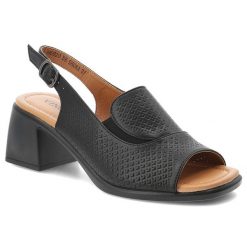 Sandały damskie Vinceza, cholewka ze skóry naturalnej licowej z perforacją odkryty przód elegancki fason na stabilnym obcasie, czarne, 66920. Czarne sandały VINCEZA, bez wzorów, ze skóry, eleganckie, bez obcasa, bez zapięcia. Za 159.00 zł.