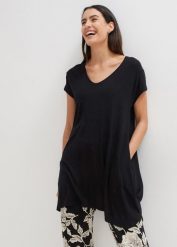 Długi top. Czarne topy bonprix, bez wzorów, bez kołnierzyka, bez ramiączek. Za 114.99 zł.