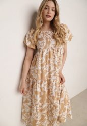 Beżowa Rozkloszowana Sukienka z Wiskozy z Bufiastymi Rękawami w Roślinny Wzór Semea. Brązowe sukienki Born2be, do pracy, bez wzorów, z materiału, biznesowe, bez kołnierzyka, bez ramiączek, maxi, proste. Za 89.99 zł.