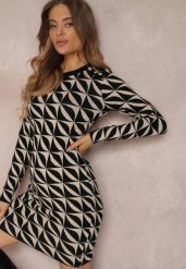 Czarno-Beżowa Sukienka Dzianinowa w Geometryczny Wzór Chlaria. Czarne sukienki Renee, s, bez wzorów, z dzianiny, eleganckie, bez kołnierzyka, bez ramiączek, mini, dopasowane. Za 99.99 zł.