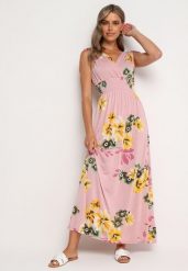 Różowa Rozkloszowana Sukienka w Kwiaty z Wiązaniami na Ramionach Saloa. Czerwone sukienki Born2be, na co dzień, m, z aplikacjami, z jeansu, eleganckie, bez kołnierzyka, bez ramiączek, maxi, proste. Za 34.99 zł.